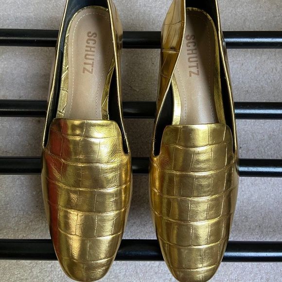 SCHUTZ Women Flor Metallic Gold Croc Embossed Leather Loafers - NEW NWOB - Picture 2 of 8